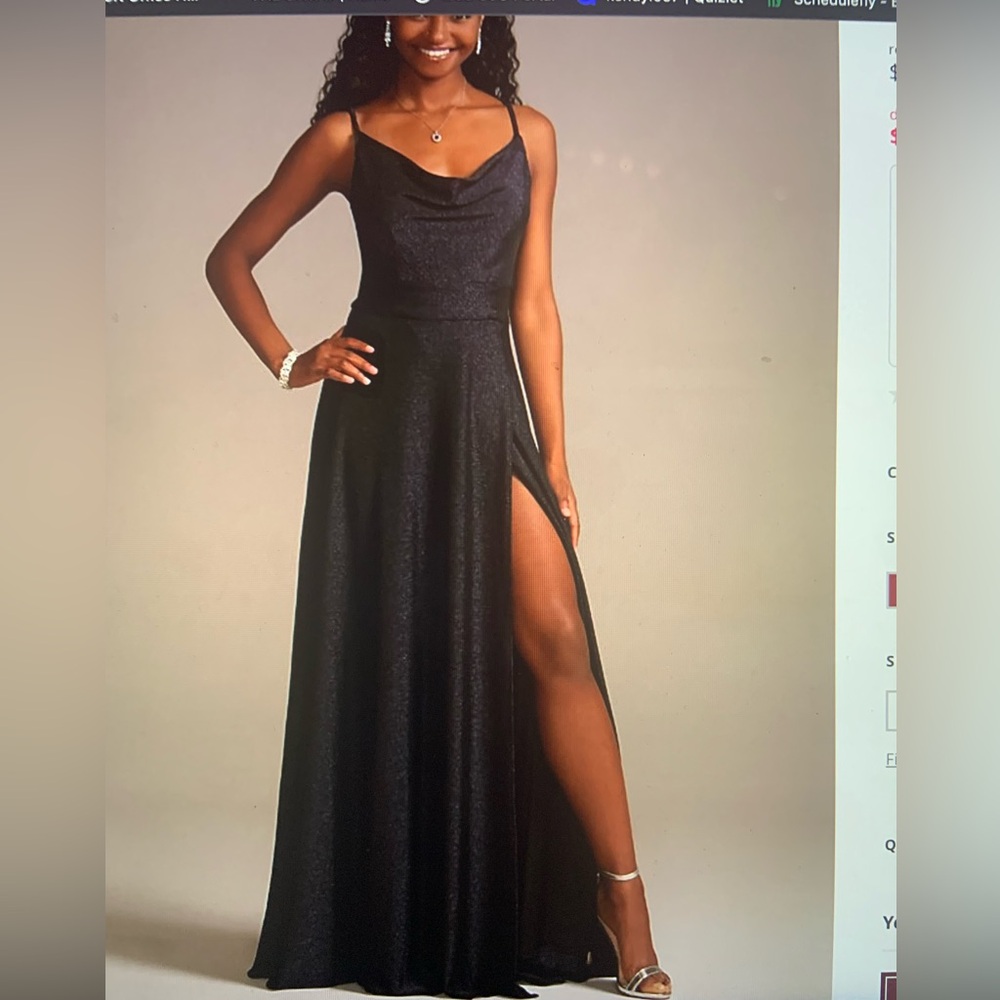 David’s Bridal Navy Cowl Neck Dress with Lace up Back